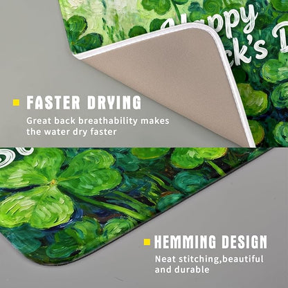 St Patricks Day Lucky Clover Dish Drying Mat for Kitchen Counter 16x18 Green Shamrock Happy Holiday Theme Absorbent Reversible Microfiber Drying Mats Kitchen Countertop Protector Dishes Drainer Pad