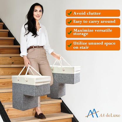 2 PACK | Stair Basket Organizer with Top Lid for Carpeted Stairs & Wooden Staircases. Versatile Sturdy Linen Storage Bag for Climbing, Laundry & Shoe
