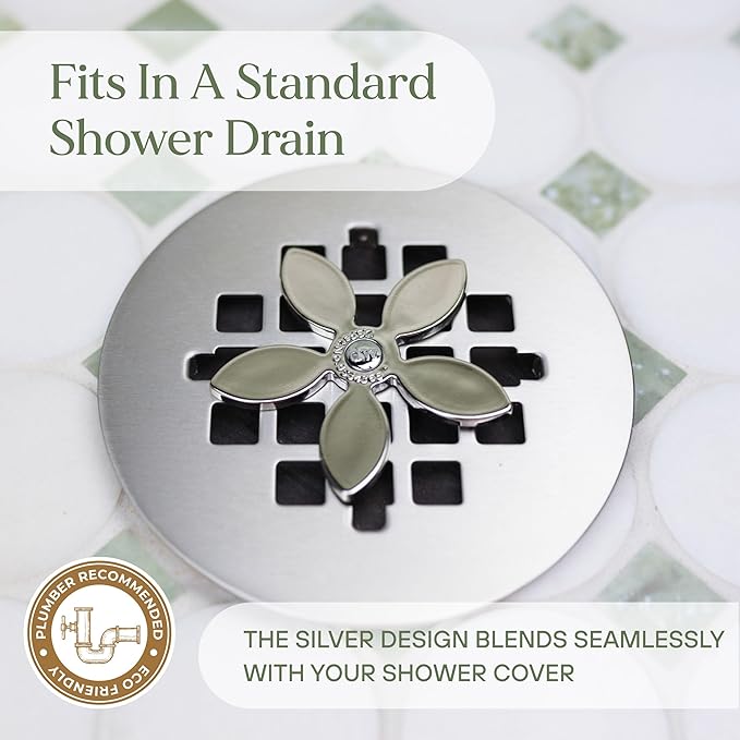 DrainWig Shower Drain Hair Catcher – Disposable Bathroom Hair Trap, Easy to Install in Shower Drain Cover, Helps Prevent Clogs – As Seen on Shark Tank – Silver Flower (4-Pack)