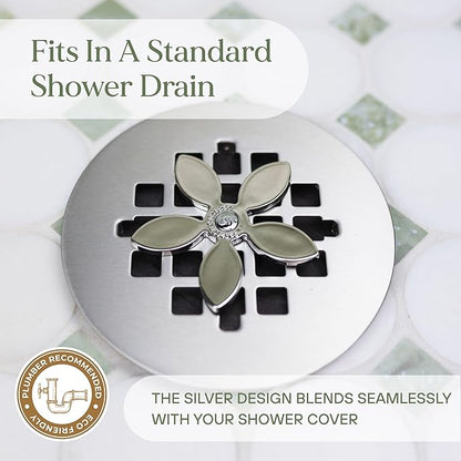 DrainWig Shower Drain Hair Catcher – Disposable Bathroom Hair Trap, Easy to Install in Shower Drain Cover, Helps Prevent Clogs – As Seen on Shark Tank – Silver Flower (2-Pack)