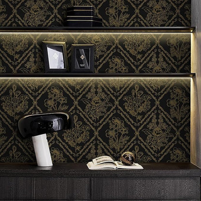 Toduso Peel and Stick Wallpaper Vintage Wall Paper Boho Contact Paper Black and Gold Floral Removable Wallpaper for Bathroom Bedroom Flower Waterproof Self Adhesive Vinyl Drawer Decor 17.3"x78.7"