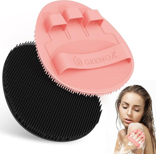 Silicone Bath Gloves 2PCS, 360° Anti-Slip Silicone Body Scrubber for Rich Foaming Deep Cleaning, Revolutionary No-Grip & Hand-fit Design Shower Scrubber for All Skin Types(Black+Light Pink)
