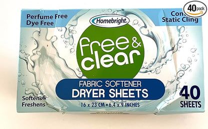 Homebright Free & Clear Fabric Softener Dryer Sheets, Perfume Free, Dye Free, Controls Static Cling, 40 Sheets