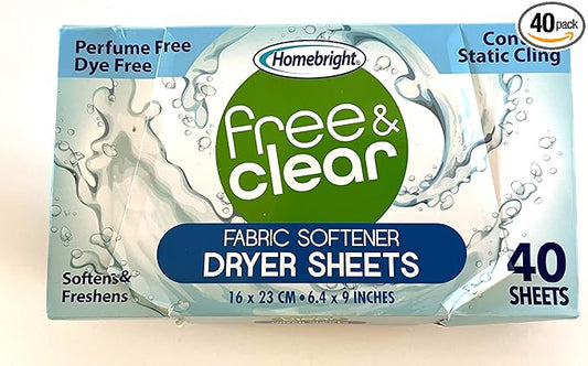 Homebright Free & Clear Fabric Softener Dryer Sheets, Perfume Free, Dye Free, Controls Static Cling, 40 Sheets