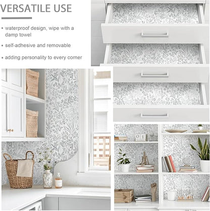 Heroad Boho Peel and Stick Wallpaper Floral Contact Paper for Cabinets Drawers Grey Wall Paper Waterproof Self Adhesive Leaf Wallpaper for Bedroom Bathroom Removable Decor Vinyl Roll 15.5''x78.7''