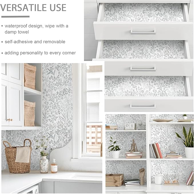 Heroad Boho Peel and Stick Wallpaper Floral Contact Paper for Cabinets Drawers 15.5''x196'' Grey Wall Paper Waterproof Self Adhesive Leaf Wallpaper for Bedroom Bathroom Removable Decor Vinyl Roll