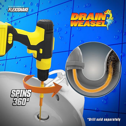 FlexiSnake Drain Weasel MAX Power Drain Hair Clog Remover Tool – Plumbing Snake Auger for Cleaning Shower, Bath Tub, Bathroom with Drill Connector, 30 Inches Long, Made in USA