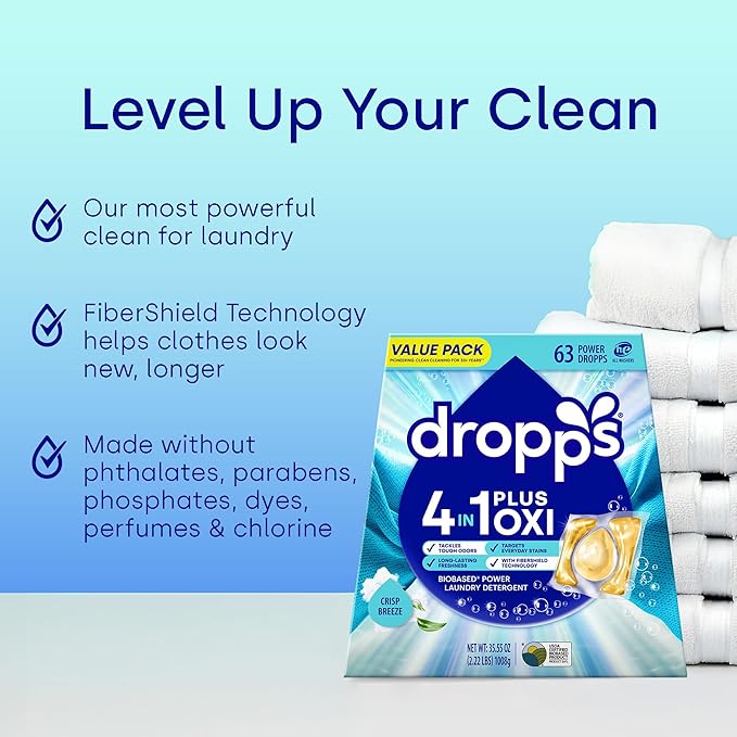 Dropps 4-in-1 Plus Oxi Laundry Detergent Pods, Crisp Breeze (63 Count) - Laundry Pods | Advanced Odor Defense | Fights Stains | Whitens & Brightens | Clean Ingredients | Plastic Free Packaging