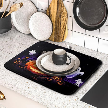 Halloween Ghost Pumpkin Dish Drying Mat for Kitchen Counter 16x18 Black Cat Holiday Scary Theme Absorbent Reversible Microfiber Drying Mats Kitchen Countertop Protector Dishes Drainer Pad