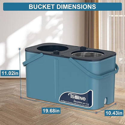 Gen 1 Large-Capacity Spin Mop and Bucket – for Big Homes & Deep Cleaning Days,4-Chamber System Separates Dirty & Clean Water, 2-GAL Heavy-Duty Design with Wheels & 10 Refill Mop Heads - Blue/Grey