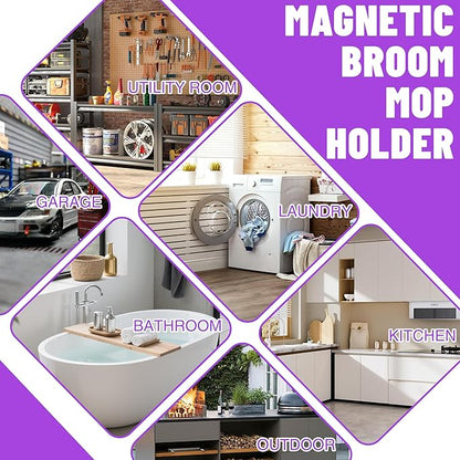 Magnetic Broom Holder Wall Mount - Heavy Duty Non-Slip Mop Hanger with 4 Hooks And 3 Rack, No Drill Tool Organizer for Refrigerator,Garage,Laundry Room (Black, 3Racks 4Hooks)
