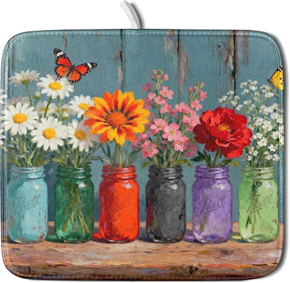 Floral Dish Drying Mat for Kitchen Counter 16x18 Spring Summer Daisy Flower Vases Farmhouse Decorative Small Drying Mats Rustic Vintage Absorbent Reversible Microfiber Dishes Drainer Pad