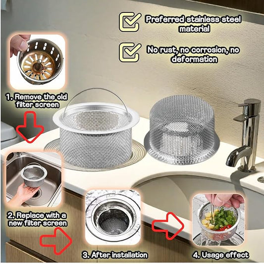 3" Kitchen Sink Strainer, 2-Pack Fine Mesh Basket - Catches Food Waste, Hair & Prevents Clogs, Rust-Proof Stainless Steel, Fits Standard Drain