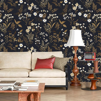 Laatse Dark Floral Wallpaper Peel and Stick 17.5" x 393" Navy Gold Leaf Wallpaper Vinyl Waterproof Self-Adhesive Boho Botanical Wall Paper Navy Blue Decor for Bathroom Bookcase Bedroom Cabinet