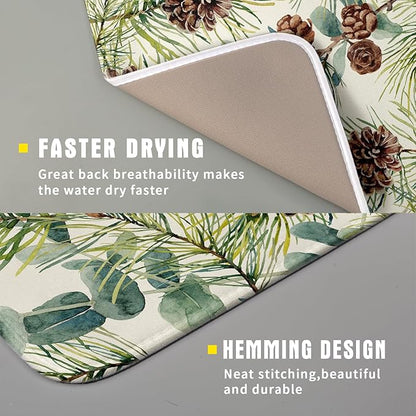 Winter Dish Drying Mat for Kitchen Counter 16x18 Christmas Evergreen Leaves Pinecone Holiday Theme Absorbent Reversible Microfiber Drying Mats Kitchen Countertop Protector Dishes Drainer Pad