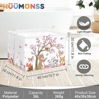 Forest Animals Laundry Hamper Woodland Tree Large Storage Basket Parents Organizer Kids Clothes Toy Bins for Bedroom, Bathroom, Pink, 36L