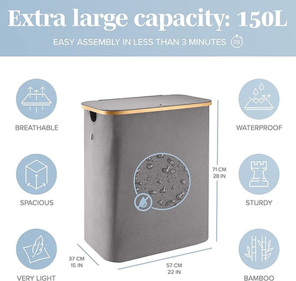 LONBET Laundry Basket with Lid, Made from Breathable Fabric | Aesthetic Clothes Hampers for Laundry with Side Handles & Sturdy Bamboo Frame (40 Gallons - Double, Gray)