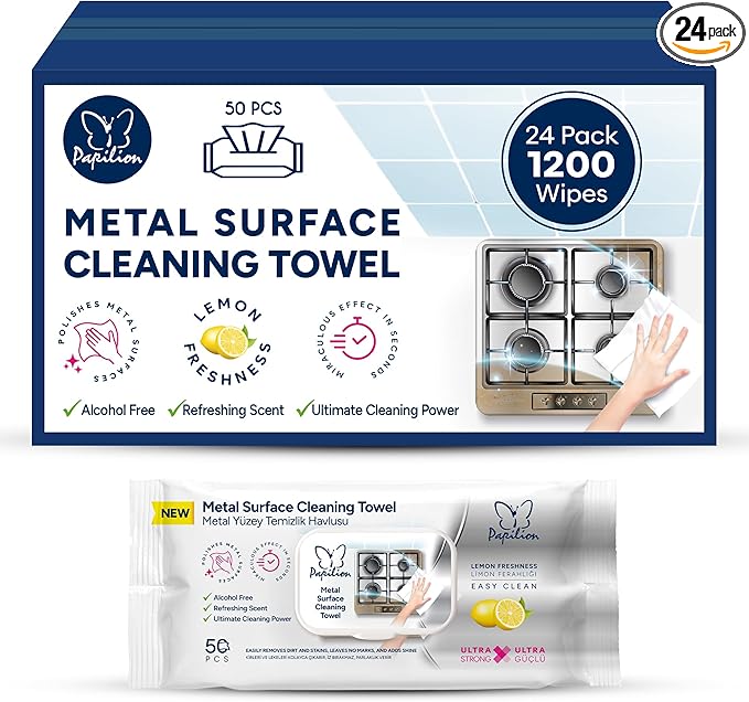PAPILION Metal Surface Cleaning Wipes – 24 Pack x 50 Sheets | Ideal for Stainless Steel, Chrome & Aluminum | Removes Dirt, Smudges & Fingerprints | Streak-Free, Flip-Top Pack