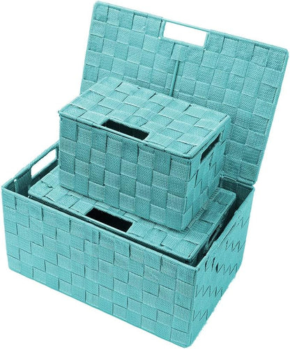 Sorbus Set of 3 Hand-Woven Storage Baskets with Lids – Decorative Wicker Organizers for Home, Closet, or Shelves (Aqua)