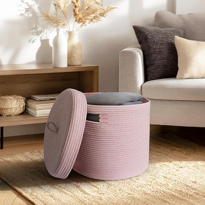 Storage Basket with Lid, Woven Blanket Storage for Living Room, Soft Cotton Rope Bin with Lid, Round Wicker Laundry Basket with Cover, Lidded Kid Dog Toy Box, Nursery Organizer, 15"x13", Pink