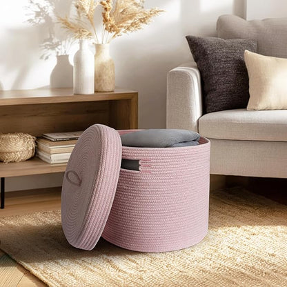 Storage Basket with Lid, Woven Blanket Storage for Living Room, Soft Cotton Rope Bin with Lid, Round Wicker Laundry Basket with Cover, Lidded Kid Dog Toy Box, Nursery Organizer, 15"x13", Pink