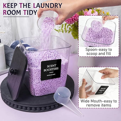 Laundry Pods Container, 3Pcs Acrylic Clear Laundry Room Organization Containers with Dryer Sheet Holder,Large Laundry Detergent Powder Storage Containers Black Wooden Lids & Labels