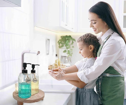JASAI 2PACK 18Oz Simple Glass Soap Dispensers with Black Pump, Refillable Kitchen soap Dispenser with Vertical Stripe, Bathroom Soap Dispenser for Bathroom Hand soap, Dish Soap, Lotion.