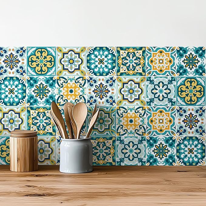 30Pcs Bohemian Self-Adhesive Wall Sticker, Floral Pattern, Peel and Paste, Waterproof Living Room Kitchen Bedroom Wall Sticker, Tile Wall Sticker, Home Wall Decor, 4x4 Inch