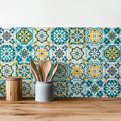 30Pcs Bohemian Self-Adhesive Wall Sticker, Floral Pattern, Peel and Paste, Waterproof Living Room Kitchen Bedroom Wall Sticker, Tile Wall Sticker, Home Wall Decor, 4x4 Inch