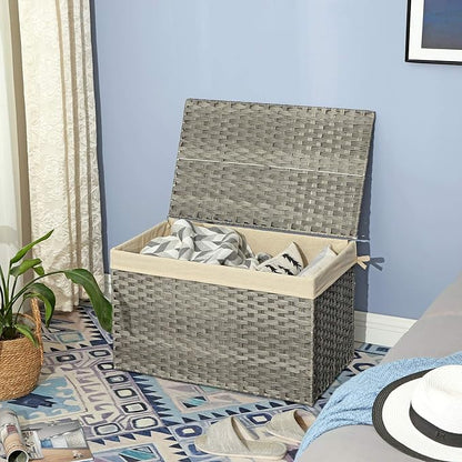 SONGMICS Storage Basket with Lid, Woven Blanket Storage Bin with Handles, Foldable, Removable Liner, Metal Frame, for Bedroom, Laundry Room, 42.3 Gallons (160 L), Gray URST76WG