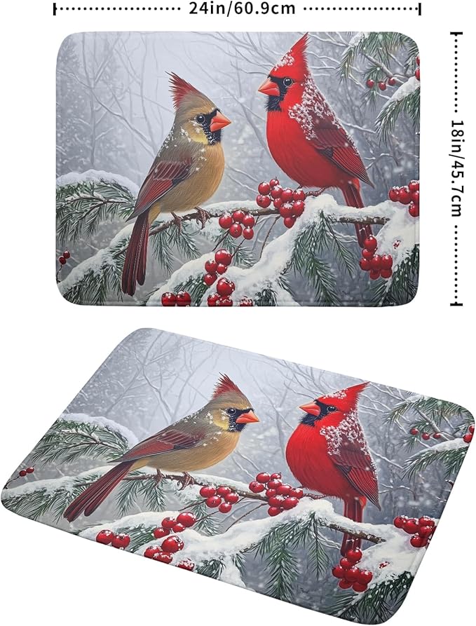 Winter Christmas Dish Drying Mat for Kitchen Counter 18 x 24 Inches Red Birds Absorbent Reversible Microfiber Mats for Berry Dish Rack Pad Drainer Mat for Coffee Bar Decor