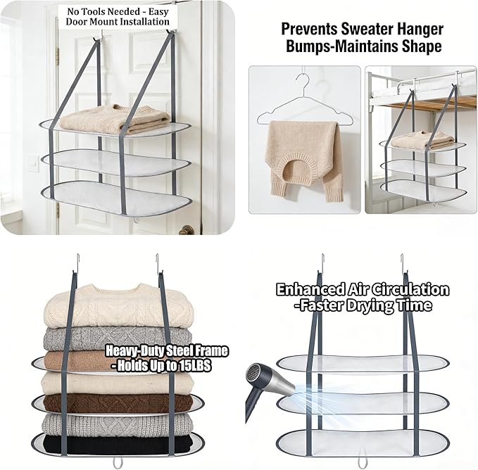 2PCS Sweater Drying Rack Hanging on Door Dryer Flat Portable Collapsible Mesh Large Laundry Clothes Drying Rack Room Organization 3 Tier