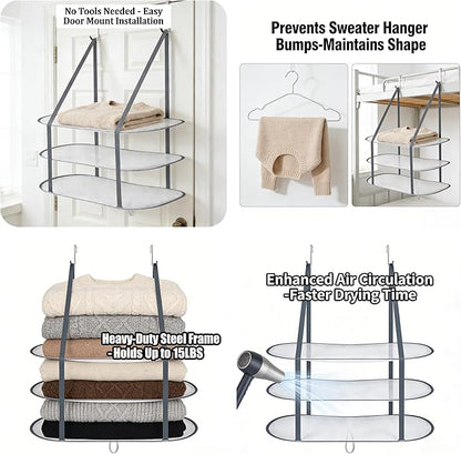 Sweater Drying Rack Hanging on Door Dryer Flat Portable Collapsible Mesh Large Laundry Clothes Drying Rack Room Organization 3 Tier