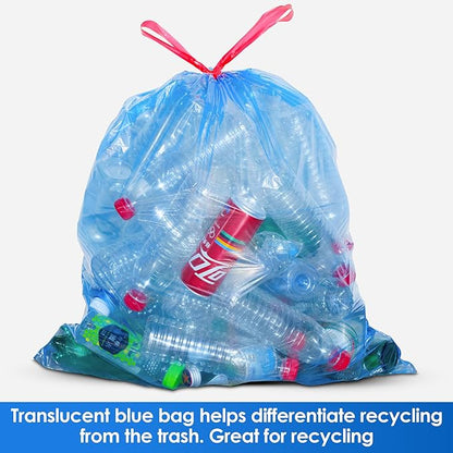 HygiCare 13 Gallon Recycling Trash Bags, Unscented 200 Count Drawstring Tall Kitchen Garbage Bags, Pre-Separated, Ultra Strong, Leakproof, Sturdy, Translucent Blue