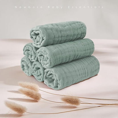 MOON PARK Baby Washcloths, 12 Pack - 12x12 Inches, Small Burp Cloths and Baby Wipes - 100% Cotton Muslin Ultra Soft for Newborn, Infant and Toddlers - Green