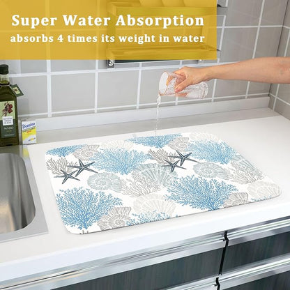 Coastal Blue Gray Dish Drying Pad 18 x 24 Inch With Absorbent Reversible Microfiber Starfish Seashell Coral Nautical Summer Drying Mats Dish Drainer Mat Fast Dry For Kitchen Dining Room Decoration