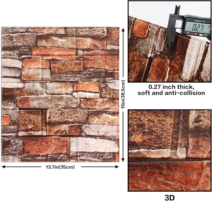 30PCS 3D Wall Panels, Peel and Stick Foam, Self-Adhesive Decorative 3D Brick Wallpaper, Faux Stone Wall Panel Foam Brick, White, Black, Rock, 15in x 13.7in, 7mm Thick, 30 Count