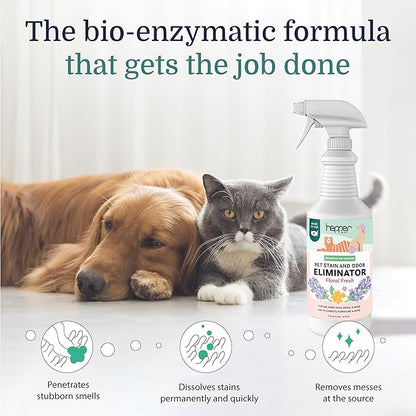 Hepper Advanced Bio-Enzyme Pet Stain & Odor Eliminator Spray - Smell, Stain & Urine Remover for Cats, Dogs & Other Animals - 32oz Spray Safe for the Home - Floral Fresh