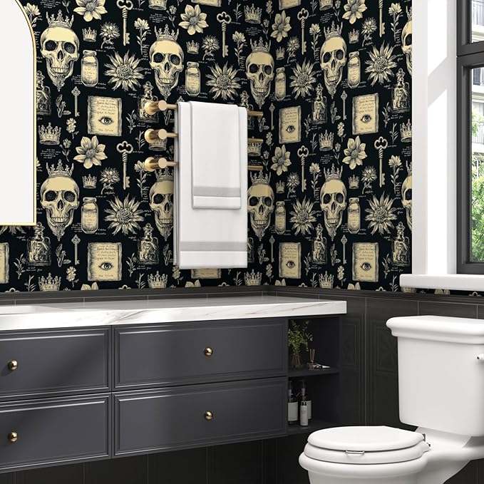 Skull Wallpaper Peel and Stick, Black Beige Witcher Gothic Contact Paper, Vintage Fancy Wall Paper Self Adhesive Removable Waterproof for Bathroom Bedroom Shelf Cabinet Drawer Table 17.5" x 118"