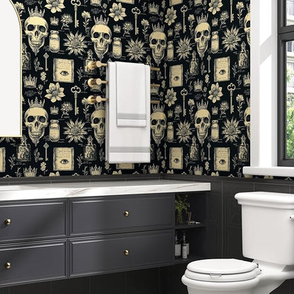 Skull Wallpaper Peel and Stick, Black Beige Witcher Gothic Contact Paper, Vintage Fancy Wall Paper Self Adhesive Removable Waterproof for Bathroom Bedroom Shelf Cabinet Drawer Table 17.5" x 118"