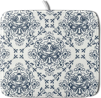 Bohemian Grey Retro Dish Drying Mat for Kitchen Counter,Boho Abstract Flower Art Drying Mat 16 x 18 Inch Microfiber Dish Drying Pad Dish Rack Pad Drainer Mat for Coffee Bar