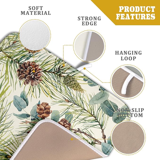Winter Dish Drying Mat for Kitchen Counter 16x18 Christmas Evergreen Leaves Pinecone Holiday Theme Absorbent Reversible Microfiber Drying Mats Kitchen Countertop Protector Dishes Drainer Pad