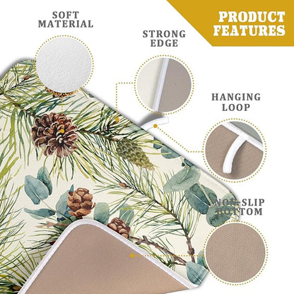 Winter Dish Drying Mat for Kitchen Counter 16x18 Christmas Evergreen Leaves Pinecone Holiday Theme Absorbent Reversible Microfiber Drying Mats Kitchen Countertop Protector Dishes Drainer Pad