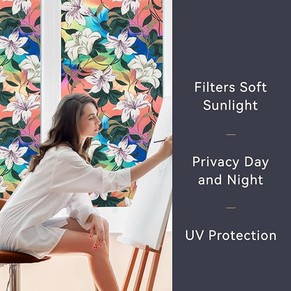DKTIE Stained Glass Window Film Floral Vintage Style, Frosted Glass Effect Two-Way Privacy Window Film, Heat Insulation UV Protection Softening Light (S646, 17.7in X 78.7in)