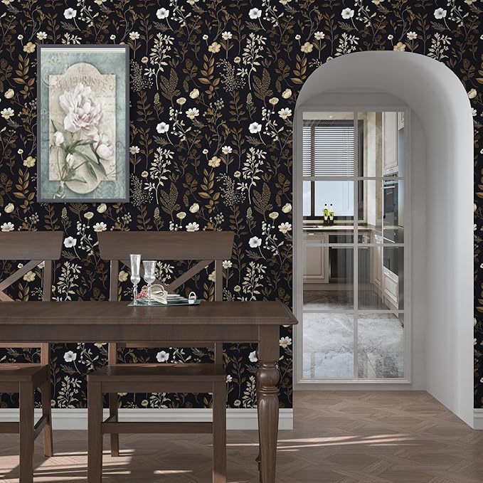 Vintage Adhesive Shelf Liner Contact Paper, 17.5" x 78" Black Floral Theme Wallpaper Boho Design for DIY Craft, Vinyl Removable Wallpaper for Dresser Dollhouse Cabinet Drawer in Dark Brown