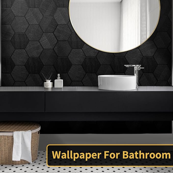 Black Peel and Stick Wallpaper Self Adhesive 3D Hexagon Geometric Embossed Contact Paper Removable Easy Peel Off Textured Wallpaper for Cabinet Bedroom 15.7" X 394"