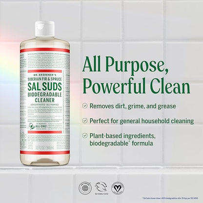 Dr. Bronner's Sal Suds Biodegradable Cleaner (32 Ounce, 2-Pack) – All-Purpose Mop Detergent for Floors, Kitchen & Bathroom, Multi-Surface Household Concentrate, Dish Degreaser & Laundry Use