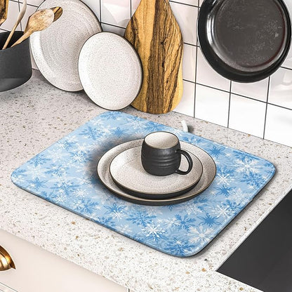 Winter Snowflake Dish Drying Mat for Kitchen Counter Blue White Christmas Snowflake Drying Mat 16x18 Inch Xmas Holiday Absorbent Dish Drainer Mat Christmas Kitchen Accessories