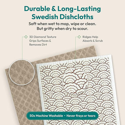 FEBU Swedish Dishcloths for Kitchen | 5 Pack Vintage Kitchen Reusable Paper Towels Washable | Swedish Dish Towels | Non-Scratch Cellulose Sponge Cloths | No Odor, Biodegradable Cleaning Cloths