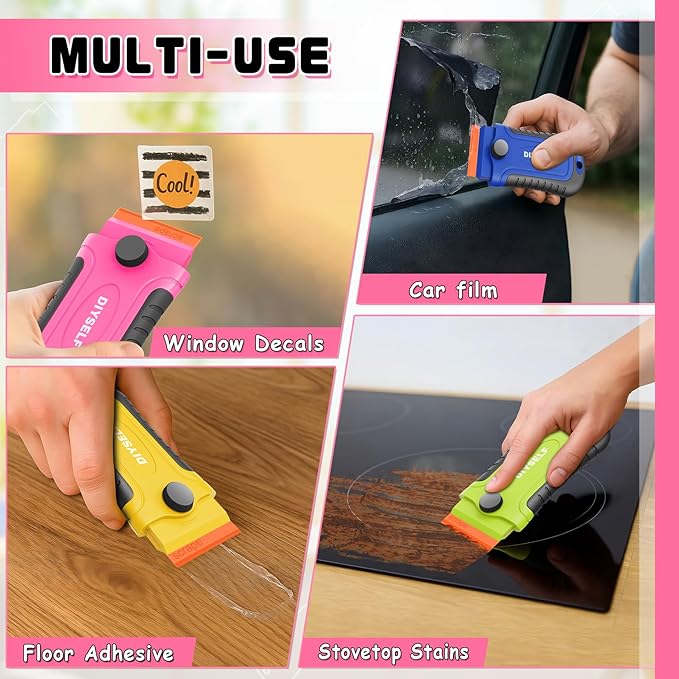 DIYSELF 2 Pcs Plastic Razor Blade Scraper with 10 Pcs Blades, Plastic Scraper Tool for Adhesive Remover, Scrapers for Cleaning Stickers, Decals, Glass, Windows, Car, No Scratches (Blue)